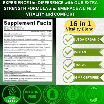 Organic Irish Sea Moss, Black Seed Oil, Ashwagandha, Turmeric,Ginger Capsule, Bladderwrack, Burdock, VIT C&VIT D3, Elderberry, Manuka Honey, Dandelion, Yellow Dock, Apple Cider Vinegar, Halal, Vegan