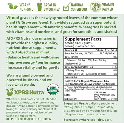XPRS Nutra Organic Wheatgrass Juice Powder - Sustainably Grown - Instant Wheat Grass Juice Powder Made from Concentrated Juice - More Potent Than Organic Wheatgrass Powder - 16 Ounce