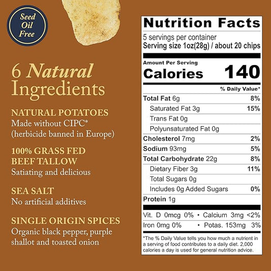 Vandy Crisps Potato Chips - Seed Oil Free Snacks - Gluten Free Potato Chip - Made with Potatoes, Grass-Fed Beef Tallow, Sea Salt, & French Onion Blend - 6 Pack, 5 Ounce Each (French Onion)