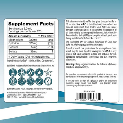 Anderson Sea M.D. Concentrated Trace Mineral Drops, Ionic Electrolyte Magnesium Supplement, Aids in Muscle Cramps, Liquid Magnesium and Trace Mineral, Easy to Take, 8.3 fl oz, 120 Servings