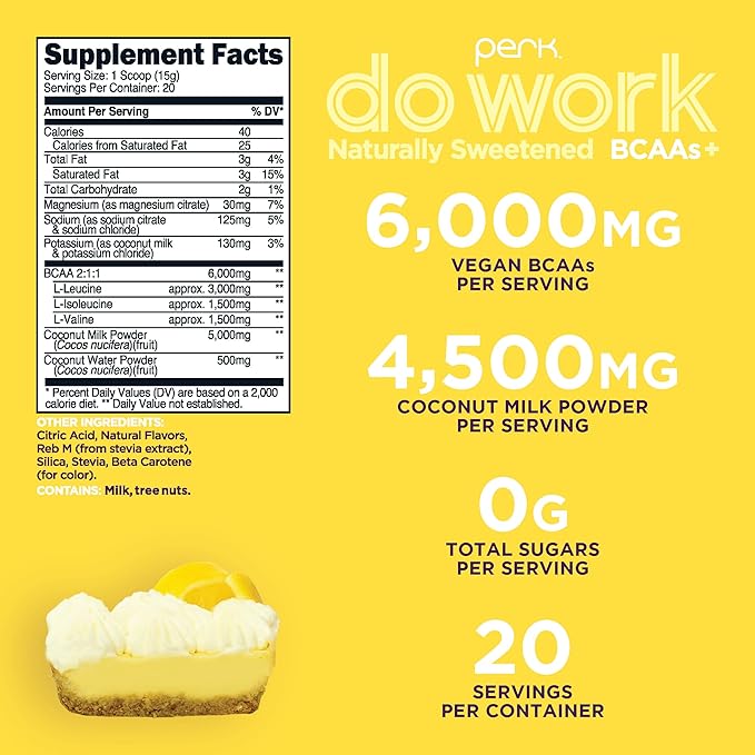 Perk Do Work BCAAs + Hydration Electrolytes Powder (Naturally Sweetened Lemon Tart Flavored, 20 Servings) - with Coconut Water & Coconut Milk