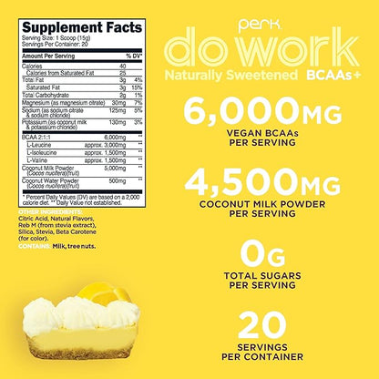 Perk Do Work BCAAs + Hydration Electrolytes Powder (Naturally Sweetened Lemon Tart Flavored, 20 Servings) - with Coconut Water & Coconut Milk