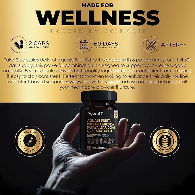 Aguaje Fruit Supplement1000mg 25:1 with Pueraria Mirifica, Papaya Leaf, Dong Quai, Shatavari, Wild Yam,Fenugreek Seed 120 Veg Capsules