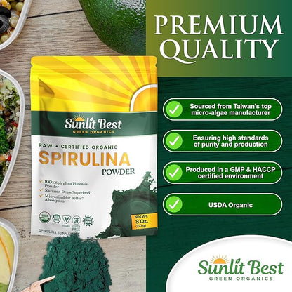 Sunlit Best USDA Organic Spirulina Powder - Blue-Green Algae, Raw & Vegan Source of Protein & Chlorophyll | Non-GMO & Gluten-Free Superfood Energy Drink | Immune Support Supplement, 8 oz - 3 Pack