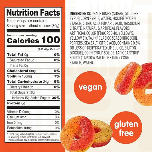Snak Club Peach Rings, Tajin Chili & Lime Seasoned, Sweet and Spicy Gummy Candy, Mild in Heat Bold in Flavor, Low-Fat, Vegan, Gluten-Free Snack, Family Size, 11 Ounce
