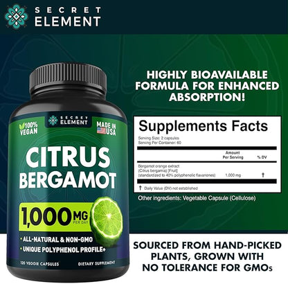 3 Pack Citrus Bergamot Extract 1000mg, Supplement for Heart, Immune System Support, and Healthy Aging - Pure 360 Vegan Capsules