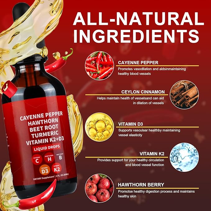 2PCS Cayenne Pepper Drops, AeluroCayenne Pepper Liquid Drops - Natural Cayenne Pepper Extract with Hawthorn Berry, Beetroot, Turmeric and Vitamin D3 K2-60ml