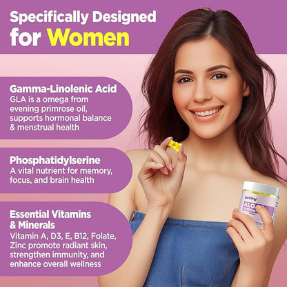 Vegan Omega 3 Gummies for Women, Algae Omega 3 1000mg Supplement with DHA, EPA, GLA, Vitamin A, E, B12, Folate, Skin & Brain Health, Sugar Free, 60 Count