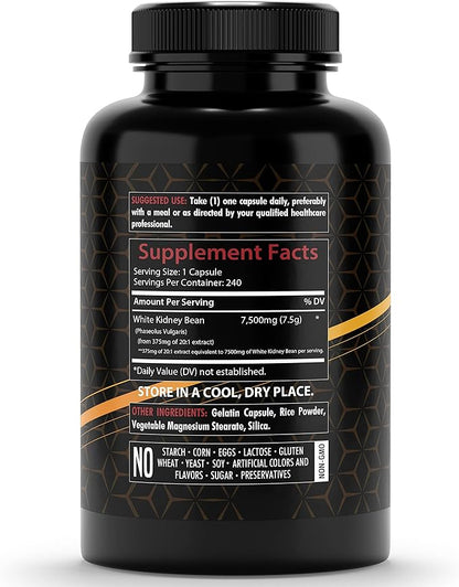 White Kidney Bean Extract Supplement, 7500mg | 240 Veg Capsules | 20x Concentrated | Non-GMO | Gluten-Free