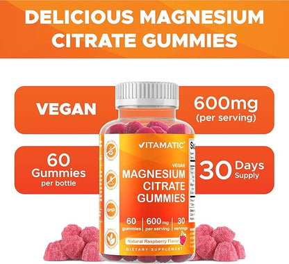 Vitamatic Magnesium Citrate Gummies 600mg per Serving - 60 Count - Promotes Healthy Relaxation, Muscle, Bone, & Energy Support (Pack of 2)