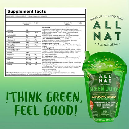 ALL NAT Super Greens Powder | Green Juice with 38 Superfoods, 11 Organic Nutrients, Amazonian Antioxidants | Gut Health, Detox & Immunity | Vegan, No Sugar – 30 Servings