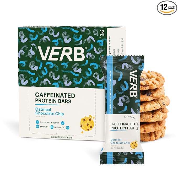 Verb Energy - Caffeinated Protein Bars Oatmeal Chocolate Chip 10g Plant Based Protein Bars High Protein - Vegan Snack - Gluten Free Breakfast Snack with Organic Green Tea, 51g (Pack of 12)