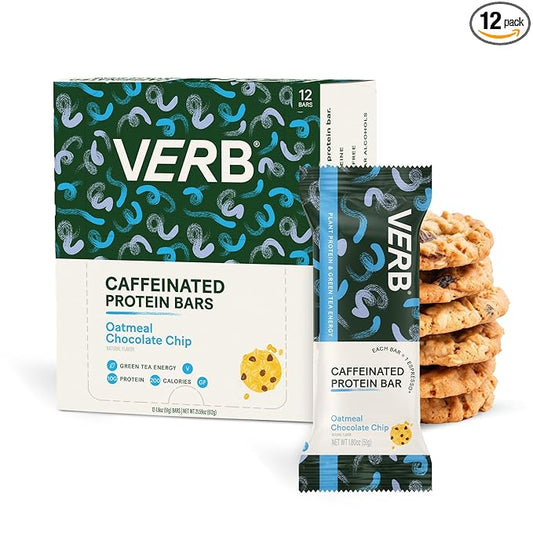 Verb Energy - Caffeinated Protein Bars Oatmeal Chocolate Chip 10g Plant Based Protein Bars High Protein - Vegan Snack - Gluten Free Breakfast Snack with Organic Green Tea, 51g (Pack of 12)