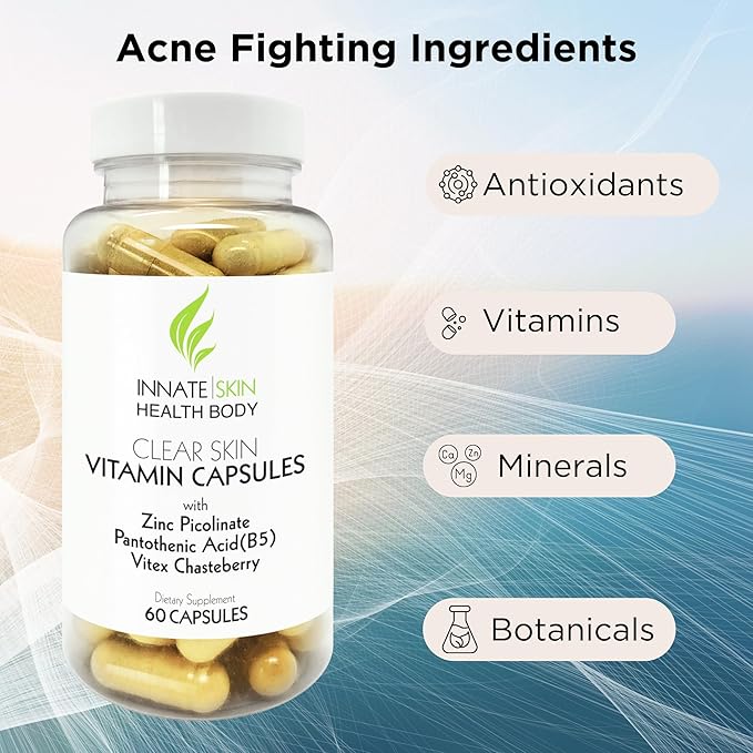 Clear Skin Acne Vitamins Capsules | Complexion Supplements 60 Count Capsules Pack of 2