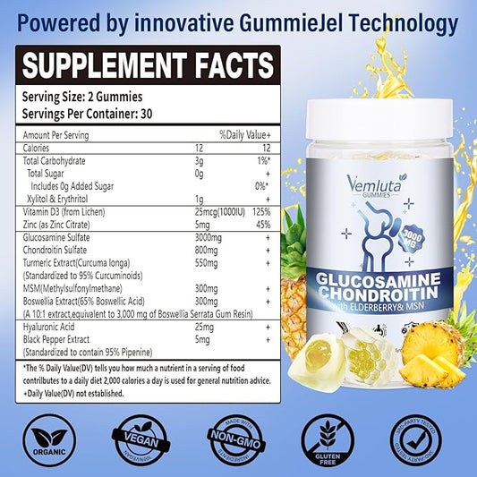 1 Pack Glucosamine Chondroitin Gummies - 3000MG Extra Strength Joint Support Supplement with MSM, Flexibility, Antioxidant Immune Support Gummy for Adults, Men & Women - 60 Cts