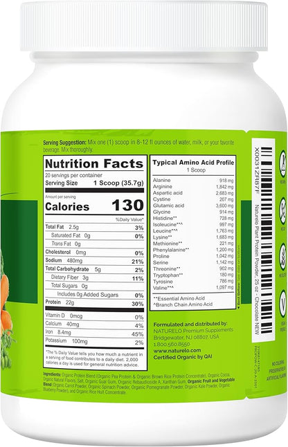 NATURELO Plant Protein Powder, Chocolate, 22g Protein - Non-GMO, Vegan, No Gluten, Dairy, or Soy - No Artificial Flavors, Synthetic Coloring, Preservatives, or Additives - 20 Servings