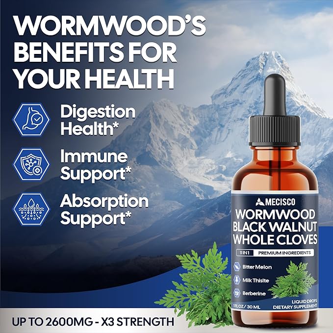 Wormwood Liquid Drops. Combined to Black Walnut, Whole Cloves, Berberine, Milk Thislte, Bitter Melon and 5 More Herbs. 11-in-1 Wormwood Liquid Drops - 60 Days Supply