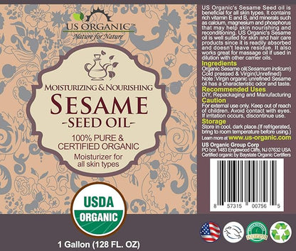 US Organic Sesame Seed Oil, USDA Certified Organic, Untoasted, Unrefined Virgin, 100% Pure & Natural, Cold Pressed, Size for DIY and small manufacturers (128 oz (1 Gallon))