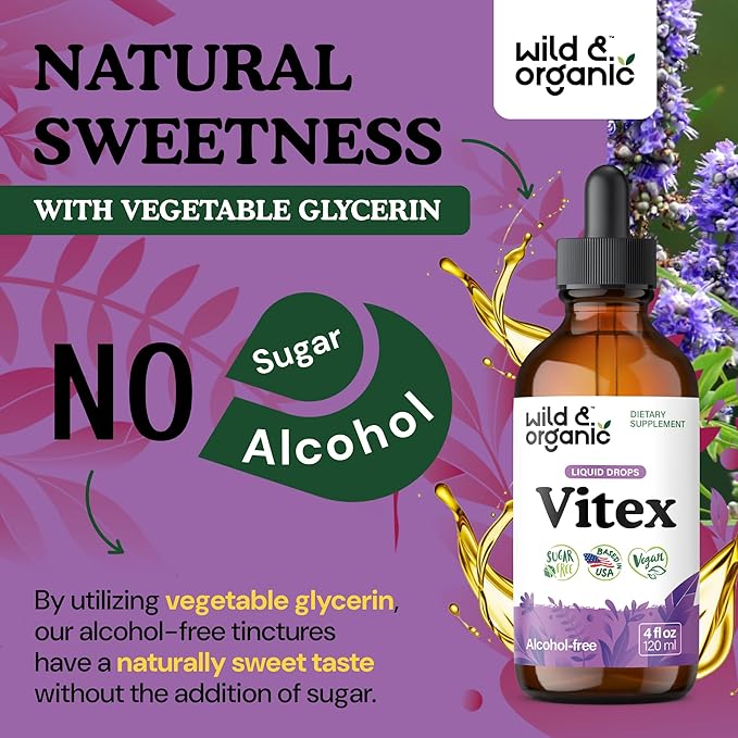 Wild & Organic Vitex Tincture - Vitex Chasteberry Supplement for Women - Liquid Chaste Tree Berry Extract for Good Mood - Vegan, Sugar & Alcohol-Free Herb Drops - 4 fl oz