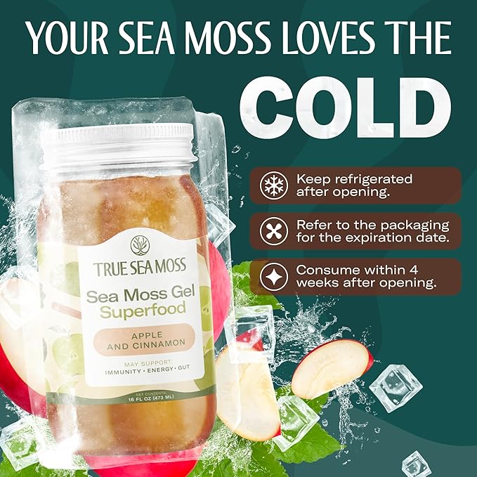 TrueSeaMoss Sea Moss Gel – Made in USA – Wildcrafted Seamoss, Fresh Fruits & Sea Vegetables – Apple/Cinnamon, Pack of 2 (Labels may Vary)