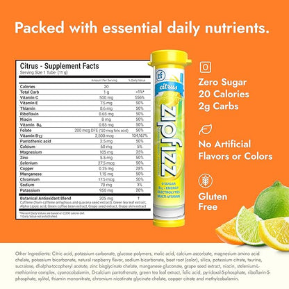Zipfizz Daily Energy Drink Powder, Citrus, 20 Pack, 3-in-1 Sustained Energy, Rapid Hydration, and Essential Vitamins, Sugar-Free, Electrolyte Powder, Contains Vitamin B-12 & Antioxidants