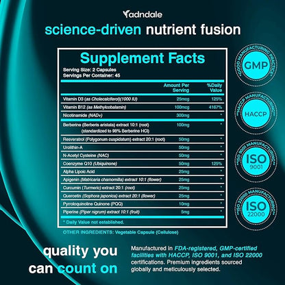Adndale NAD Supplement for Women and Men. Longevity Formula with Liposomal NAD+, Trans Resveratrol, Urolithin-A, Berberine, CoQ10. NMN Supplement Alternative. 90 Count
