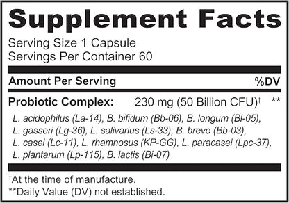NATURELO Probiotics for Digestive Health - 50 Billion CFU, 11 Strains Daily Supplement - Boosts Immune System, Delayed Release, 60 Vegetarian Capsules