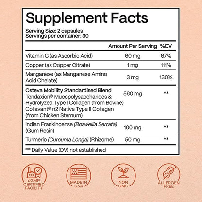 Osteva Joint Support Supplement for Women | High Potency Collagen, Turmeric, Boswellia | for Flexible Cartilage & Tendons, Resilient Knees & Hip, Improved Mobility | Non-GMO, 60 Ct