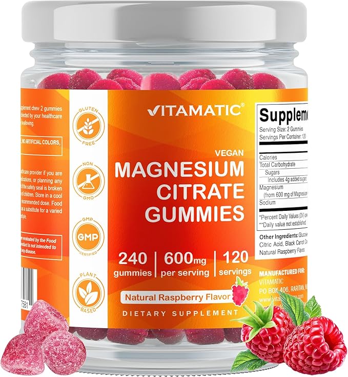 Vitamatic Magnesium Citrate Gummies 600mg per Serving - 240 Vegan Gummies - Natural Raspberry Flavor - High Absorption Magnesium Supplement - Supports Nerve, Bone and Muscle Health