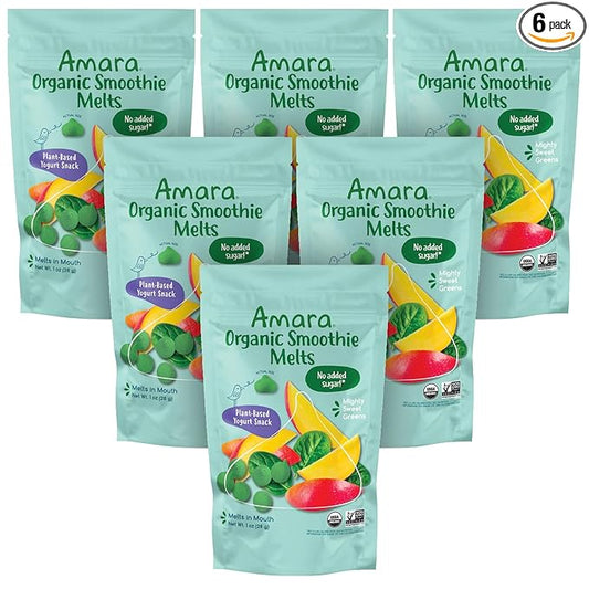 Amara Smoothie Melts - Mighty Sweet Greens - Baby Snacks Made With Fruits and Vegetables - Healthy Toddler Snacks For Your Kids Lunch Box - Organic Plant Based Yogurt Melts - 6 Resealable Bags
