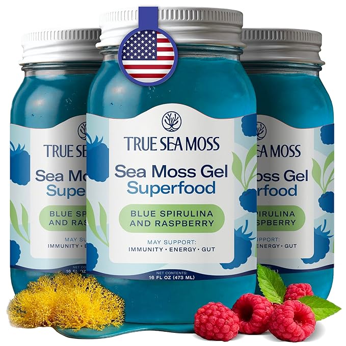 TrueSeaMoss Sea Moss Gel – Made in USA – Wildcrafted Seamoss, Fresh Fruits & Sea Vegetables – Blue Spirulina, Pack of 3 (Labels may Vary)