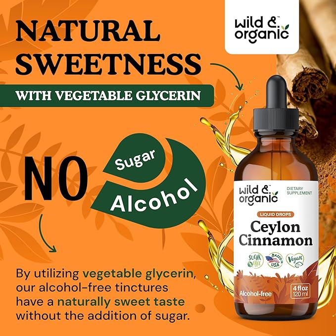 Wild & Organic Ceylon Cinnamon Tincture 500 mg - Liquid Cinnamon Supplements for Overall Support - Cinnamomum Verum Bark Extract - Vegan, Sugar & Alcohol-Free, Non-GMO - 4 fl oz