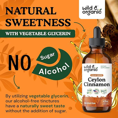 Wild & Organic Ceylon Cinnamon Tincture 500 mg - Liquid Cinnamon Supplements for Overall Support - Cinnamomum Verum Bark Extract - Vegan, Sugar & Alcohol-Free, Non-GMO - 4 fl oz