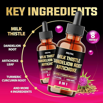 8in1 Milk Thistle Liquid Drops with Dandelion Root Extract, Artichoke Tincture, Turmeric Curcumin, Schisandra Berry, Chanca Piedra, Peppermint and Beet Root - 60 Days Supply - 2 Fl Oz
