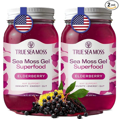 TrueSeaMoss Sea Moss Gel – Made in USA – Wildcrafted Seamoss, Fresh Fruits & Sea Vegetables – Elderberry, Pack of 2 (Labels may Vary)