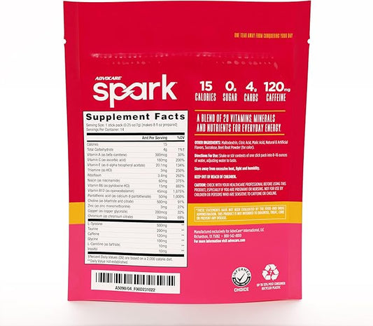 AdvoCare Spark Vitamin & Amino Acid Supplement - Focus & Energy Drink Powder Mix with Vitamin A, B-6, C & E - Also Includes L-Carnitine & L-Tyrosine - Cranberry Peach Orange, 14 Stick Packs