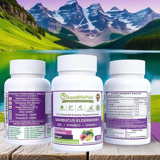 7X Elderberry with ZINC, Vitamin C, Vitamin D, Echinacea, Ginger & Indian Gooseberry (Amla).Premium Elderberry Capsules 90 ct, All Natural,Vegan,Non-GMO, No Rice Powder, No-Gluten, No Sugar