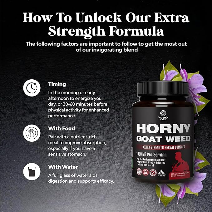 Natures Craft Horny Goat Weed for Men - Extra Strength Male Supplement with Black Maca Root, Tongkat Ali, Saw Palmetto & Panax Ginseng Extract for Stamina & Energy - 90 Capsules