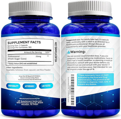 We Like Vitamins Policosanol 25mg - 180 Capsules - Policosanol Supplement Made from Natural Sugar Cane - Non-GMO and Gluten-Free