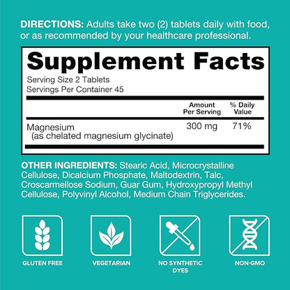 Qunol Magnesium Glycinate 300mg, 100% Glycinate Chelated Magnesium Supplement, 90ct Tablets