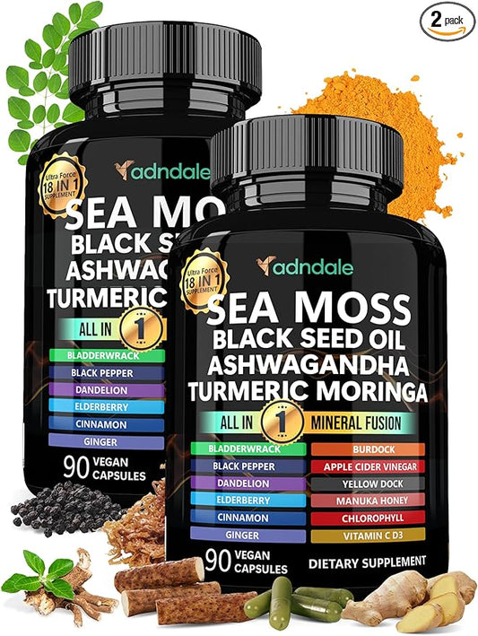 Adndale Sea Moss Black Seed Oil Ashwagandha Ginger Capsules, Sea Moss Capsules with Black Seed Oil, Ashwagandha, Turmeric, Moringa, Bladderwrack, Burdock Root, Manuka Honey, Cinnamon, 180 Count