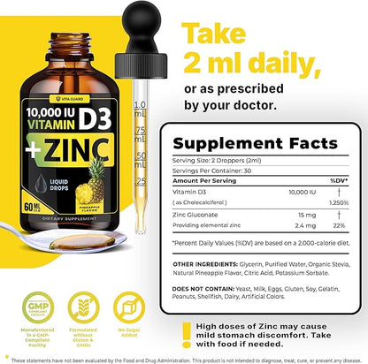 Vitamin D3 Drops with Zinc – 10,000 IU D3 & 15 mg Zinc Liquid Supplement – Immune Support for Men & Women – Sugar-Free Pineapple Flavor – 30-Day Supply