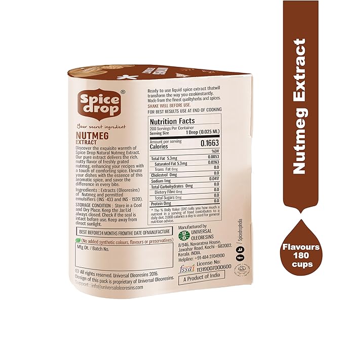 Spice Drop Nutmeg Extract - Up to 180 Drops Per Bottle | Coffee, Cooking, Baking, Dessert | Rich In Quality And Aroma | No Added Color or Preservative | Vegan (0.17oz, Pack of 1)