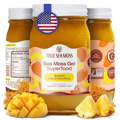 TrueSeaMoss Sea Moss Gel – Made in USA – Wildcrafted Seamoss, Fresh Fruits & Sea Vegetables – Mango/Pineapple, Pack of 1 (Labels may Vary)
