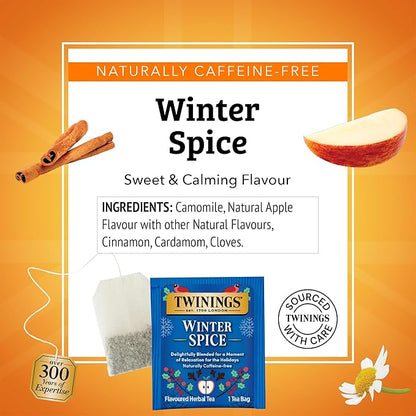 Twinings Winter Spice Herbal Tea Individually Wrapped, 20 Count (Pack of 1), Camomile, Apple, Cinnamon, & Clove, Naturally Caffeine-Free, Enjoy Hot or Iced, 20 Teabags