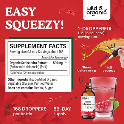 Wild & Organic Schisandra Tincture 500 mg - Natural Schisandra Supplement for Relaxation - Liquid Chinensis Berry Extract - Vegan, Sugar & Alcohol-Free Drops - 4 fl oz