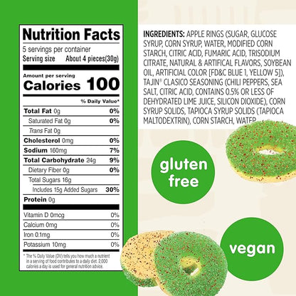 Snak Club Tajin Apple Rings Gummy Candy, Fruit Candy Gummies with Chili and Lime Seasoning, Mild, Gluten-Free and Vegan Snacks, 5 oz Resealable Bags, 6 Pack