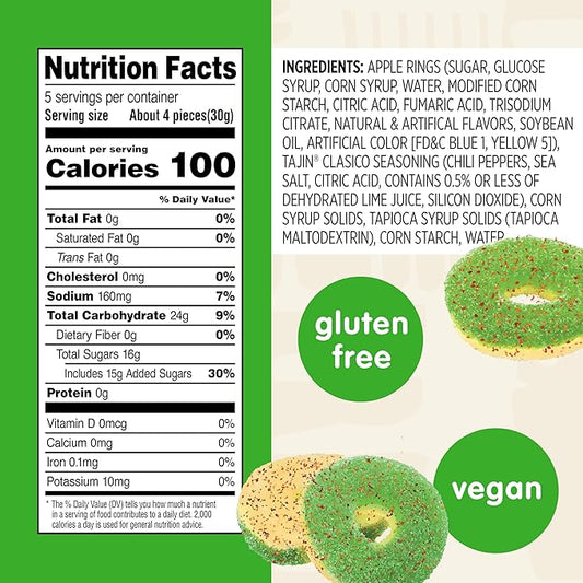 Snak Club Tajin Apple Rings Gummy Candy, Fruit Candy Gummies with Chili and Lime Seasoning, Mild, Gluten-Free and Vegan Snacks, 5 oz Resealable Bags, 6 Pack