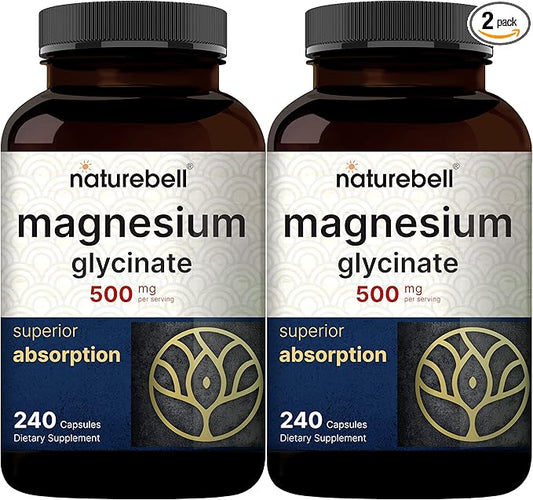NatureBell Magnesium Glycinate 500mg, 480 Capsules (2 Pack) | 100% Chelated for Max Absorption | Muscle, Enzyme & Heart Support | Non-GMO, Gluten-Free