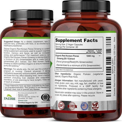 Zazzee USDA Organic Red Korean Panax Ginseng 20:1 Extract, 1000 mg, 5% Ginsenosides, 120 Vegan Capsules, Standardized and Concentrated 20X Root Extract, 100% Vegetarian, All-Natural, Made in The USA